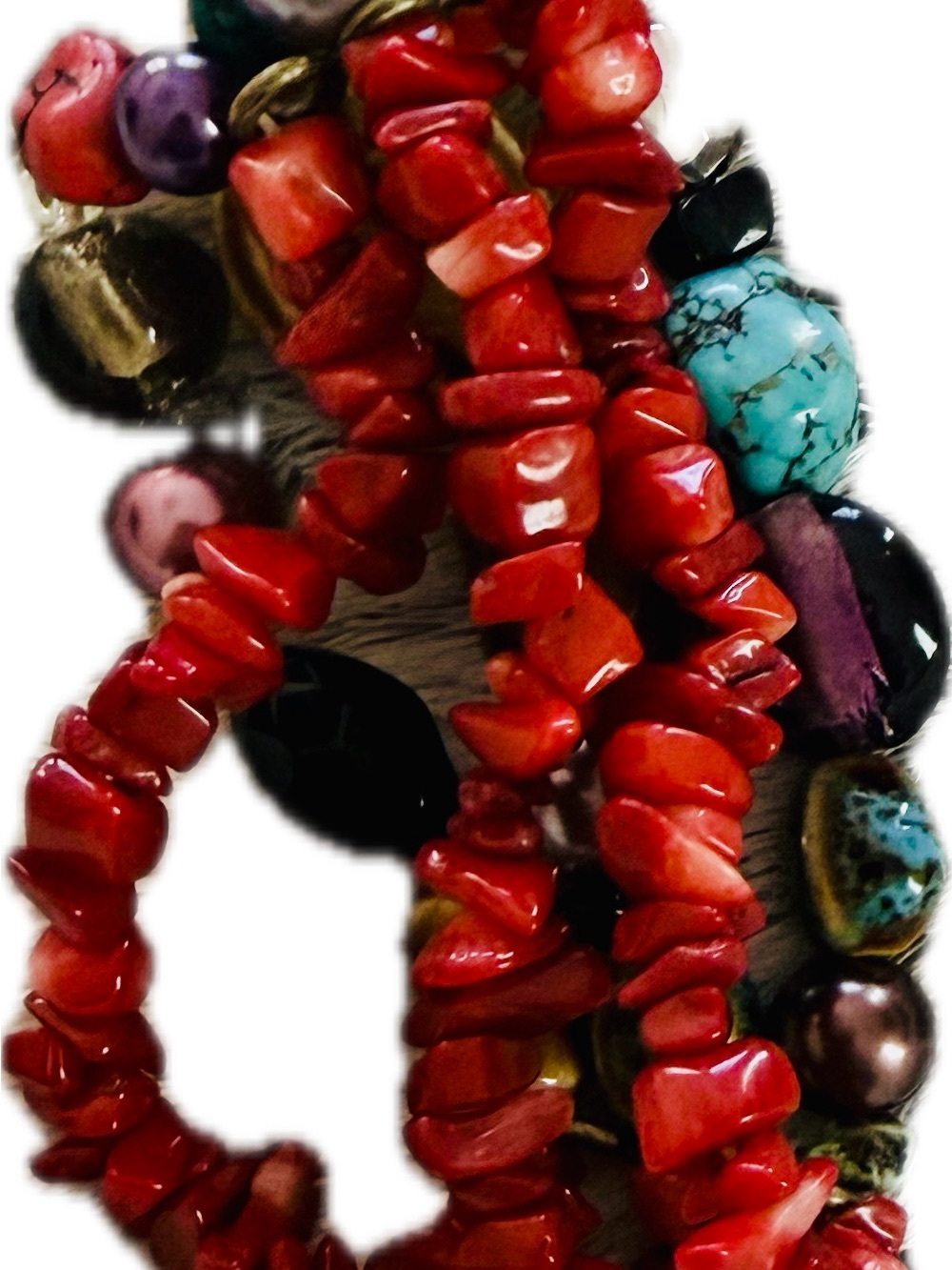 Hand crafted Multicolor Beaded stretch bracelet with Turquoise and Coral stones. - Picture 2 of 8